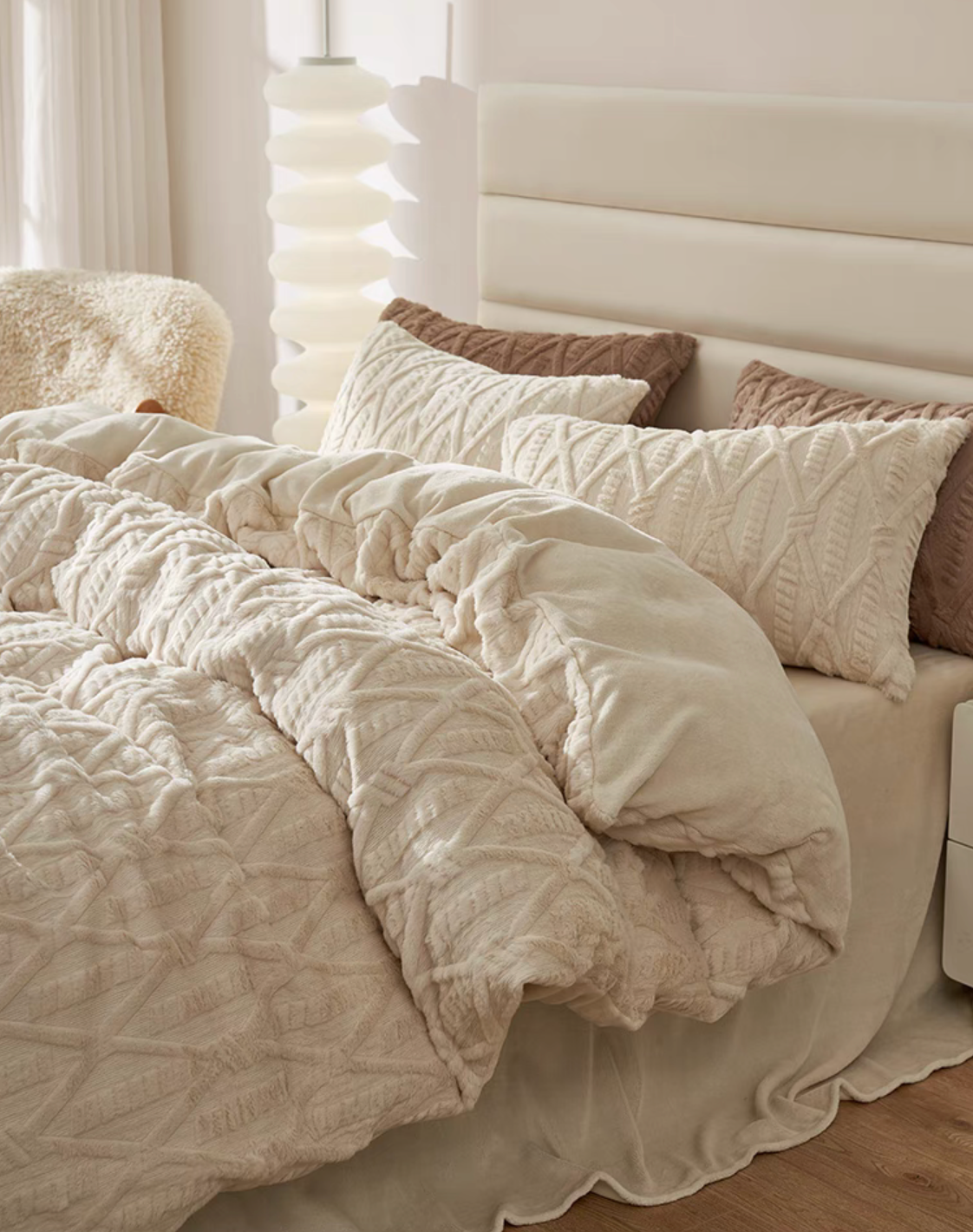 VelourRest ivory white rex rabbit fur duvet bedding set draped across bed with textured duvet cover and layered shams