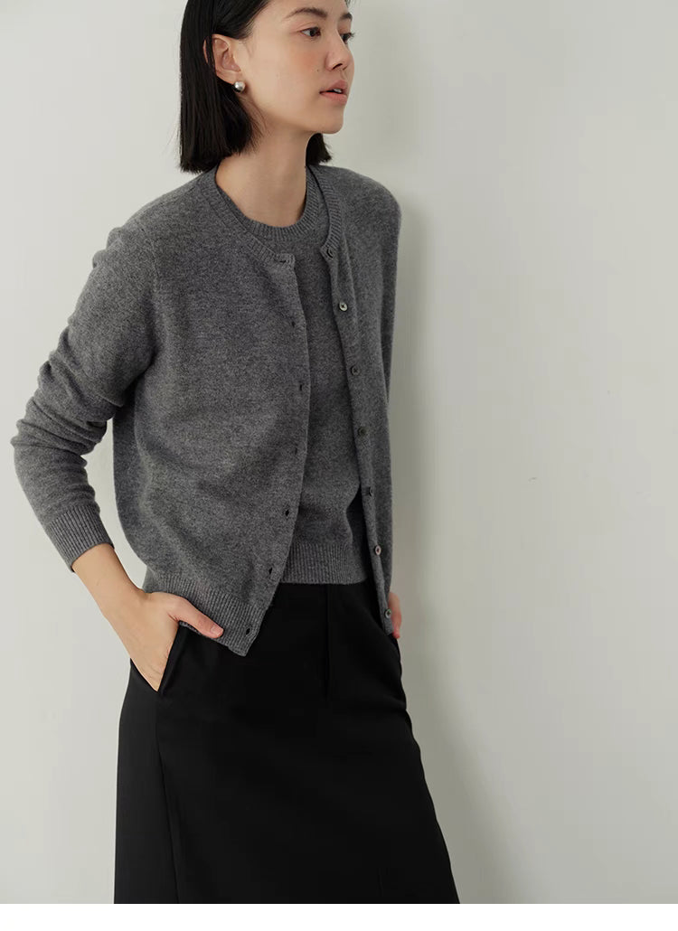 Side view of gray Vintage-Inspired Wool Cardigan on model, clean tailored fit with lightweight wool texture