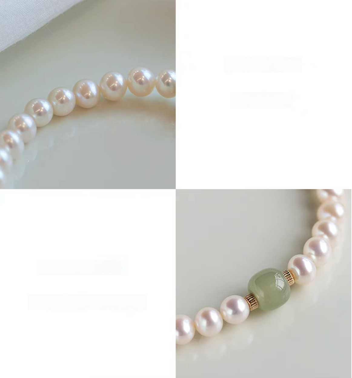 Collage detail showing pearl texture and jade centerpiece of bracelet in natural color.