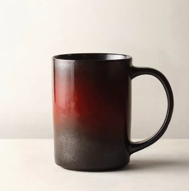 Dark red vintage rustic ceramic mug with deep gradient glaze transitioning to dark base in single product view