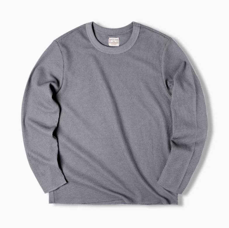 Charcoal waffle knit heavyweight crew sweatshirt flat lay front view showcasing structured silhouette and textured knit detail