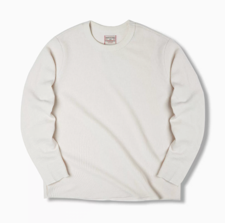 Off-White waffle knit heavyweight crew sweatshirt flat lay front view highlighting soft textured fabric and relaxed fit