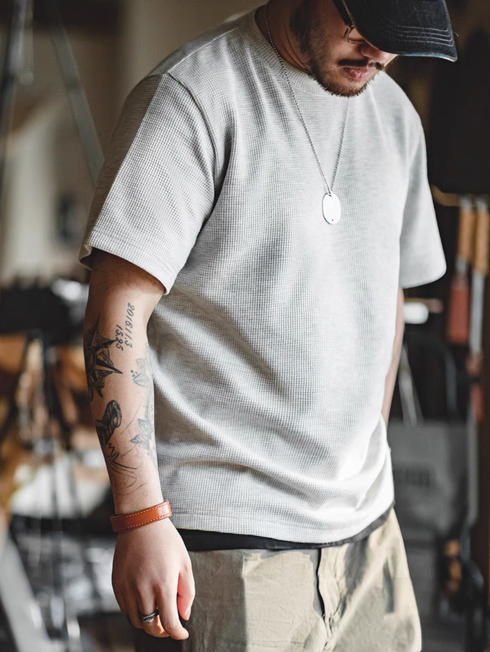 Waffle Knit Heavyweight T-Shirt gray color loose fit worn by model showing waffle texture detail