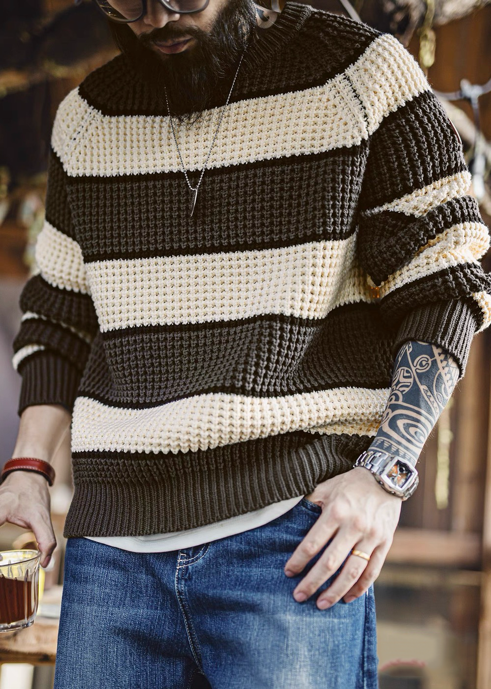Waffle Ridge Stripe Sweater Brownish-white styled casually with jeans highlighting textured waffle knit stripe pattern and versatile everyday wear