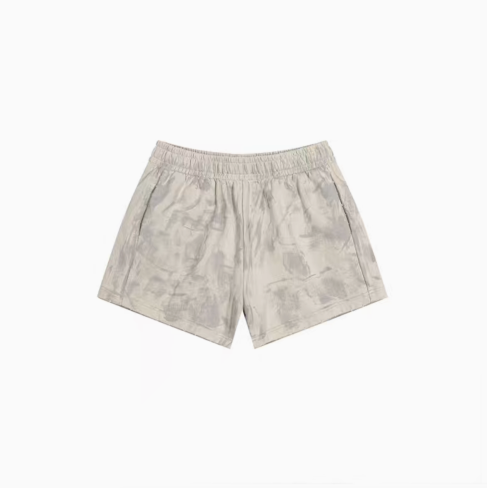 Beige washed lounge shorts flat lay with elastic waistband