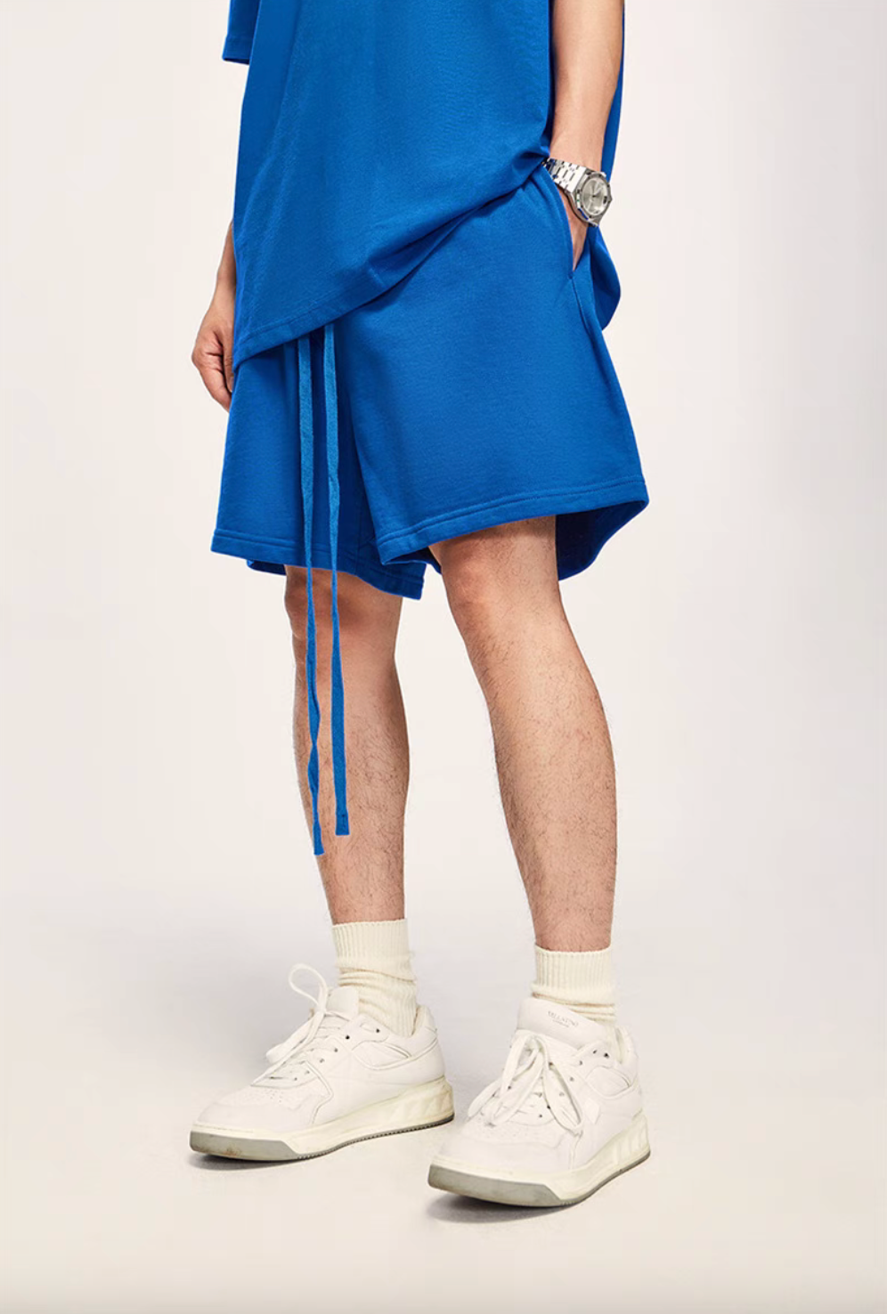 Washed Heavyweight Terry Shorts Cobalt Blue front wear view featuring relaxed fit and extended drawstring detail