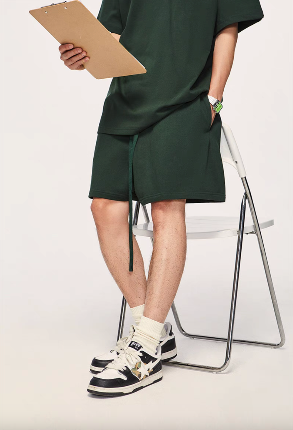 Washed Heavyweight Terry Shorts Dark Green lifestyle view showing casual outfit styling and relaxed silhouette