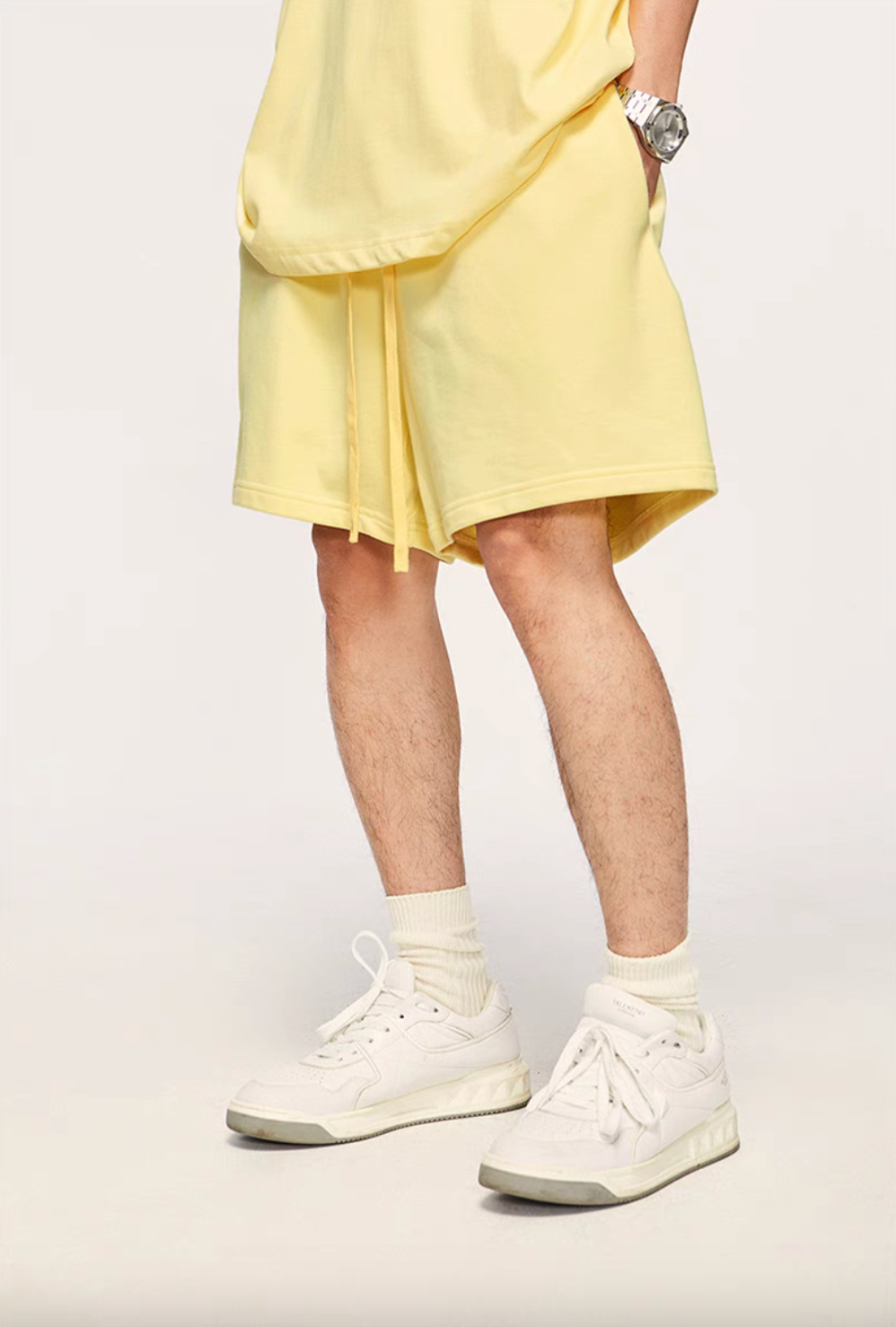 Washed Heavyweight Terry Shorts Yellow front wear view showing soft washed fabric and adjustable drawstring waist