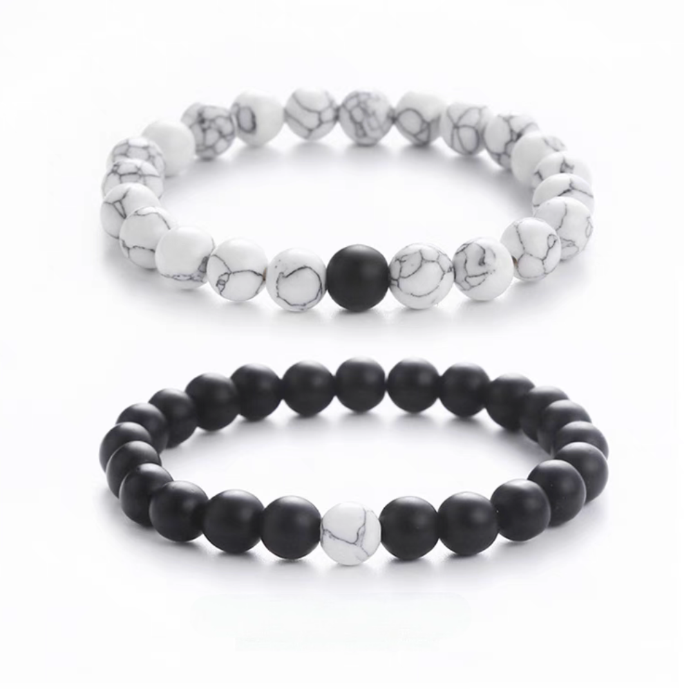 White turquoise and black stone minimal bead bracelet set with marbled white beads and matte black beads