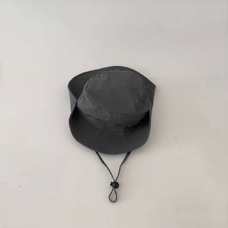 Youth outdoor quick dry sun hat in dark gray color front view with adjustable chin strap