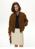 coffee brown corduroy stand-collar jacket front view on model