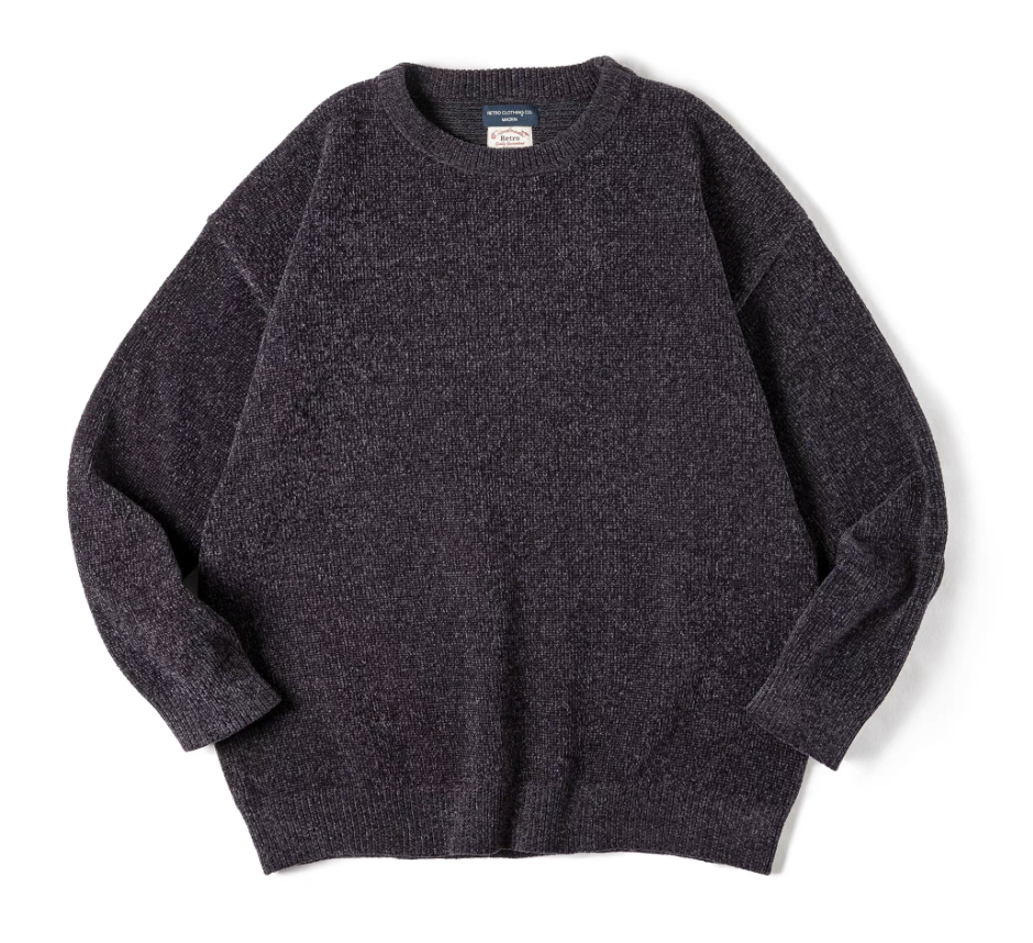 Dark purple chenille knit sweater flat lay showing soft texture and crew neckline