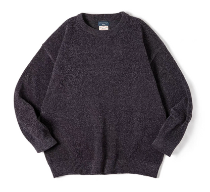 Dark purple chenille knit sweater flat lay showing soft texture and crew neckline