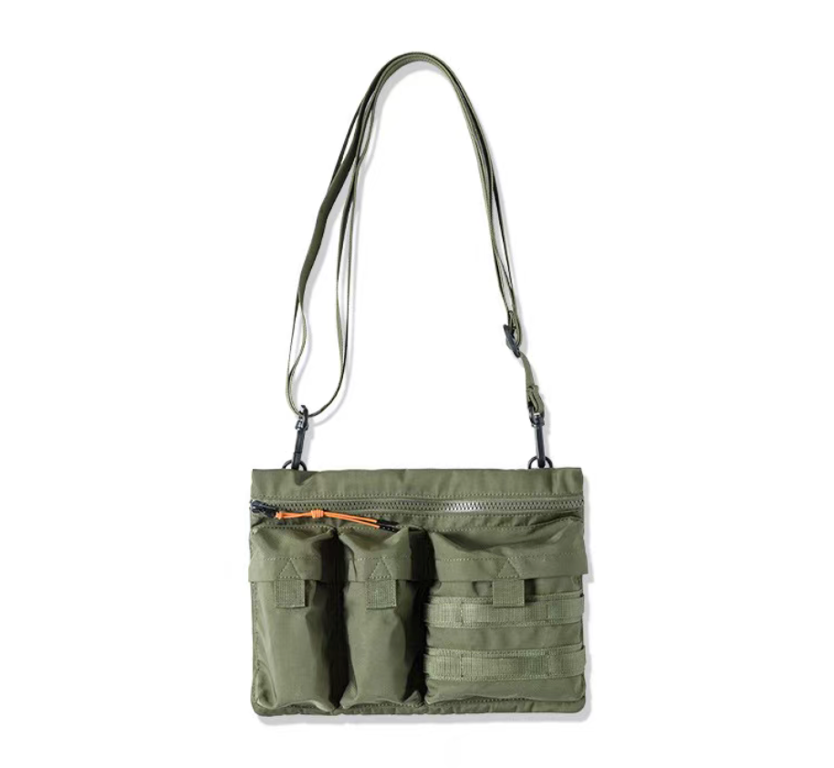 Army green men’s functional crossbody bag front view with adjustable strap and multi-pockets