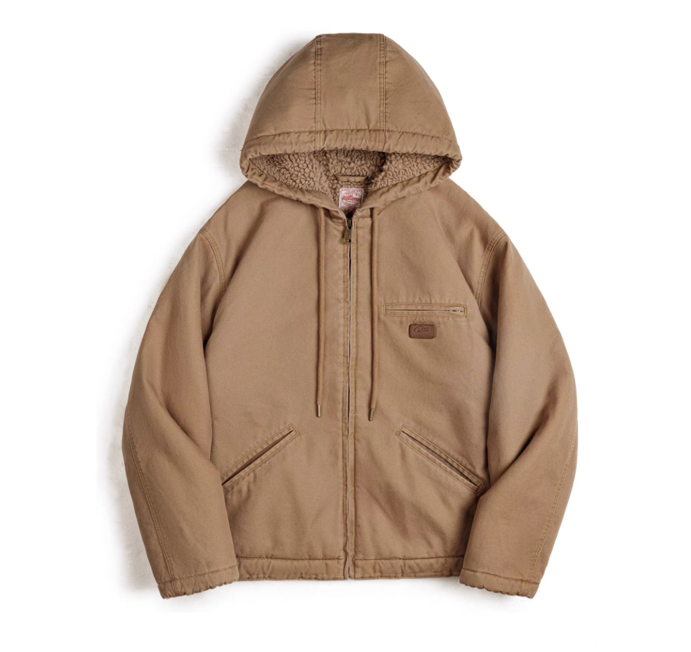 Khaki sherpa-lined hooded canvas jacket laid flat, front view