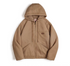 Khaki sherpa-lined hooded canvas jacket laid flat, front view
