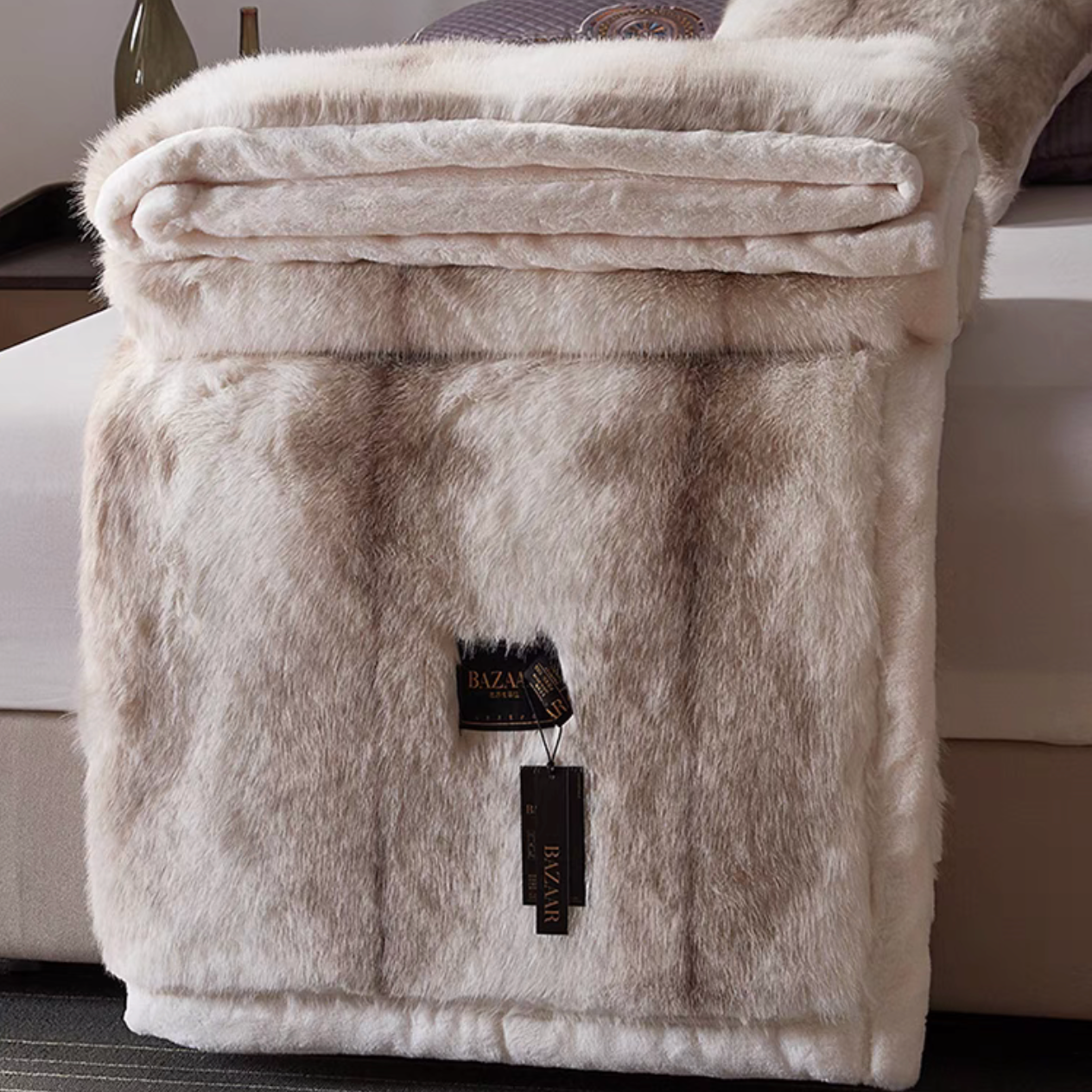 Folded White Tiger Print long-pile faux fur luxe throw blanket with soft plush texture and smooth reverse
