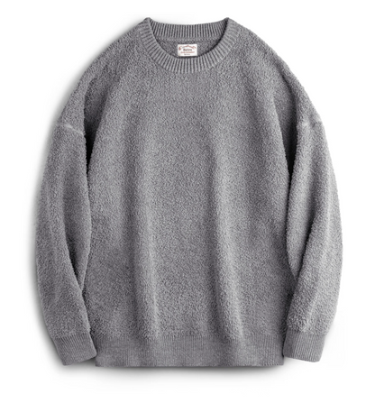 Light grey retro fleece knit sweater flat lay showing soft textured surface