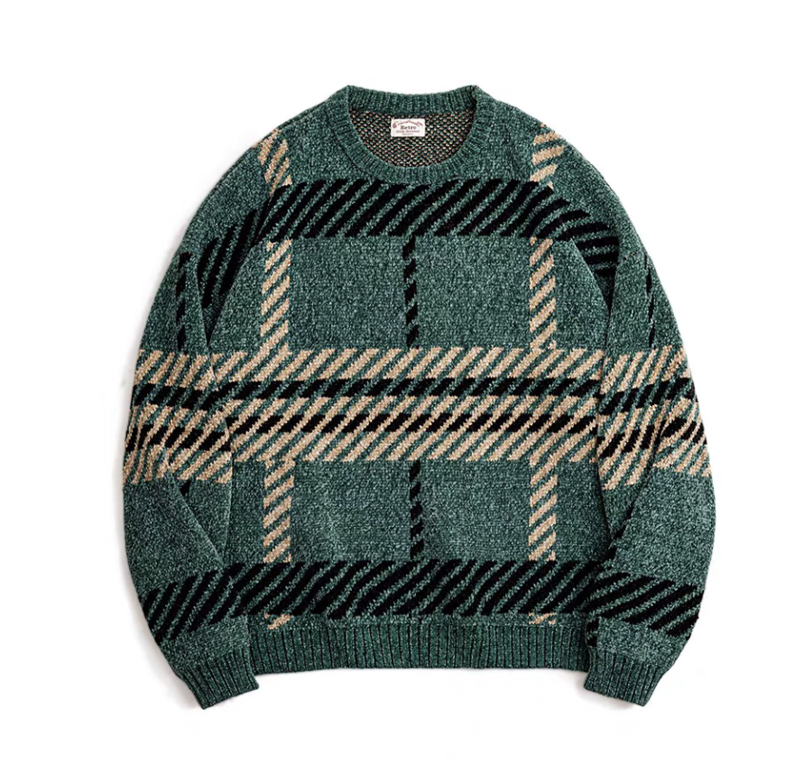 Retro green chenille plaid sweater, relaxed crewneck knit front view