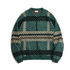 Retro green chenille plaid sweater, relaxed crewneck knit front view