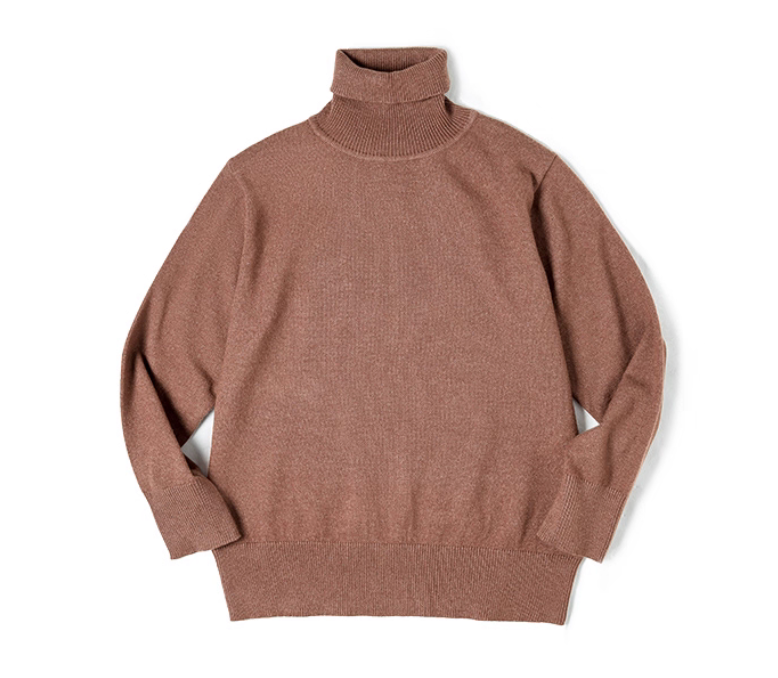 Mocha brown turtleneck sweater flat lay showing ribbed collar and cuffs