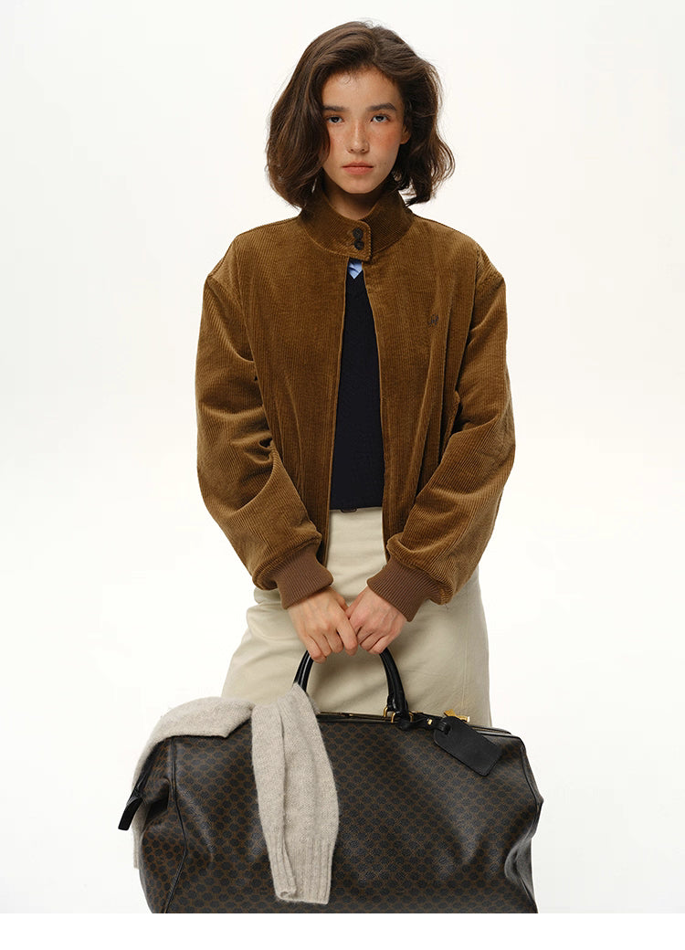 women’s corduroy stand-collar jacket with zip front and bag