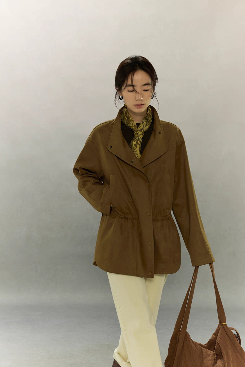 Caramel faux-suede jacket with relaxed fit and high-waist drawstring, front view.