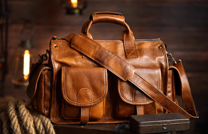 Camel brown leather travel work bag displayed on vintage wooden desk with warm lighting