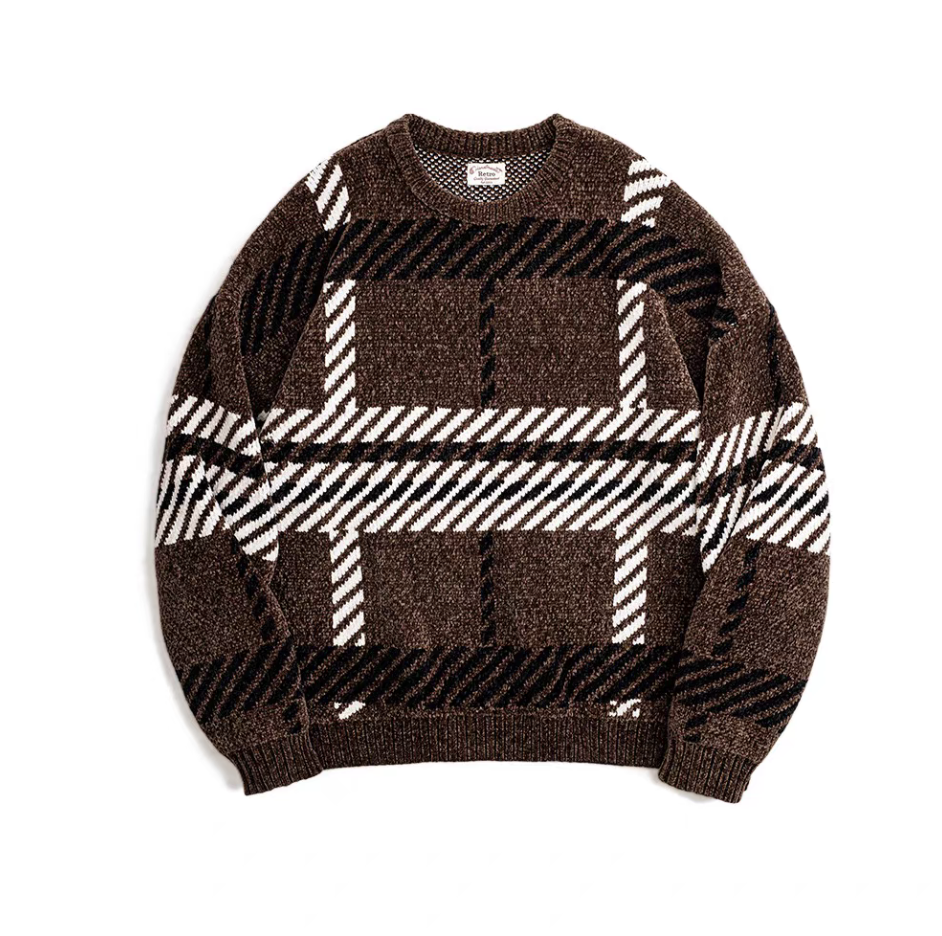 Vintage brown chenille plaid sweater, soft textured crewneck front