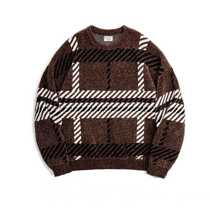 Vintage brown chenille plaid sweater, soft textured crewneck front