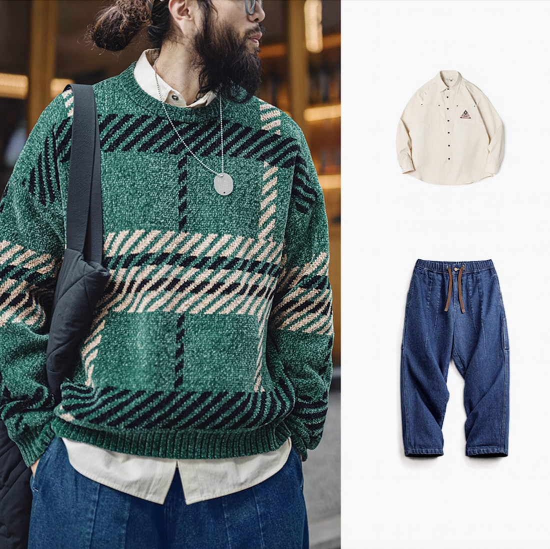Men’s green plaid chenille sweater styled with white shirt and denim pants