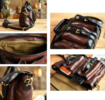 Multiple detail shots showing interior, zipper pocket, and pleated compartments