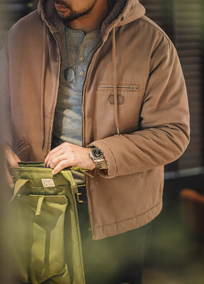 Khaki hooded sherpa jacket styled with jeans, lifestyle look
