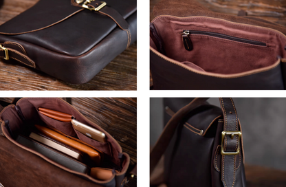 Close-up collage showing interior suede lining, zipper pocket, and brass hardware of the leather messenger bag.