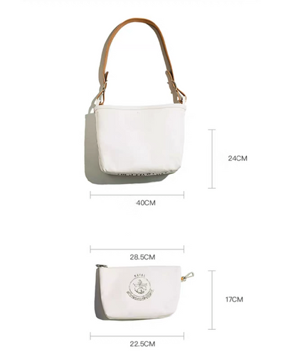 Size chart of Ameikaji canvas tote and detachable pouch with dimensions