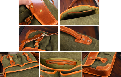Collage of close-up interior, stitching, and brass buckle craftsmanship