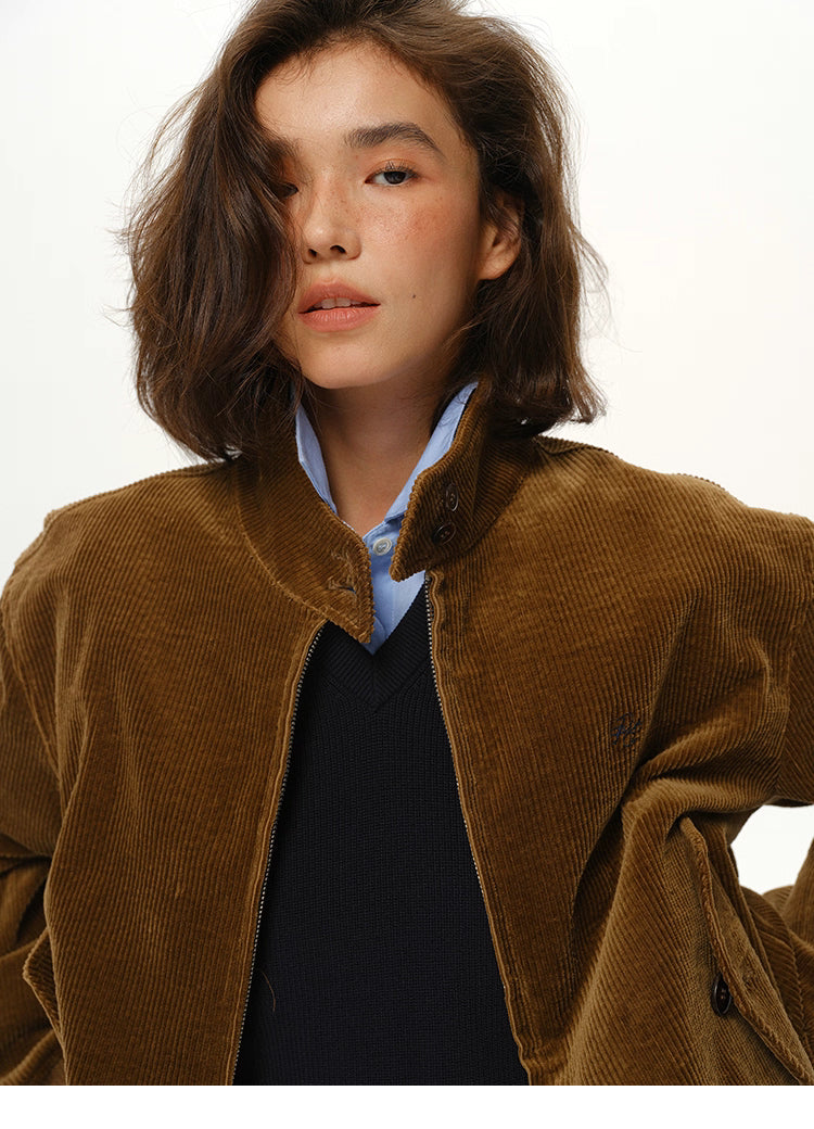 close-up of stand collar and corduroy texture in coffee brown