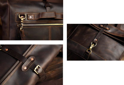 Close-up collage showing buckle, rivets, and zip pocket craftsmanship of crazy horse leather bag