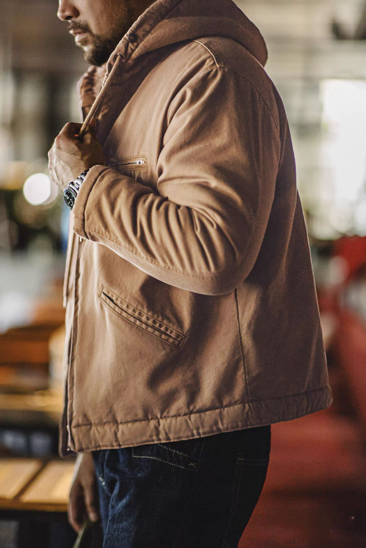 Side view of man in khaki sherpa-lined jacket, casual outfit