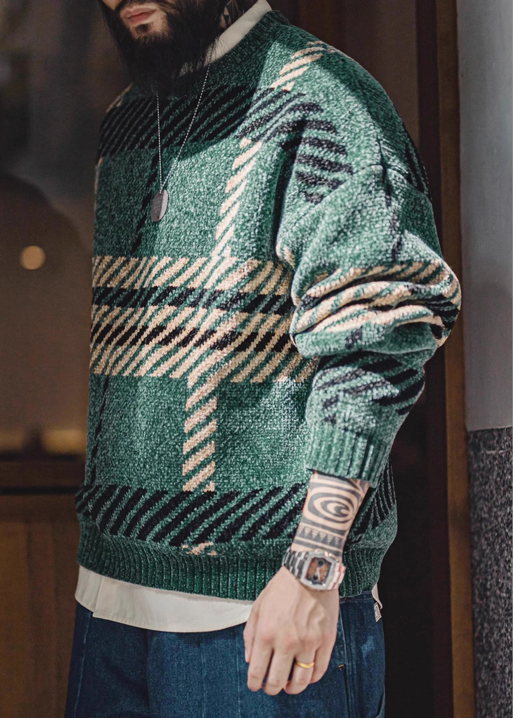 Side view of green plaid chenille sweater, cozy oversized fit