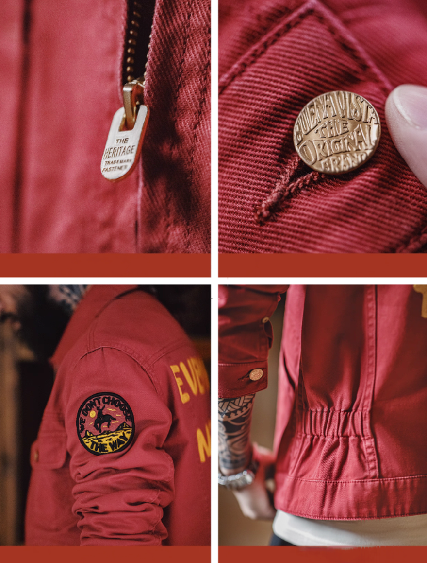 Close-up collage showing zipper, brass buttons, sleeve patch, and back pleats