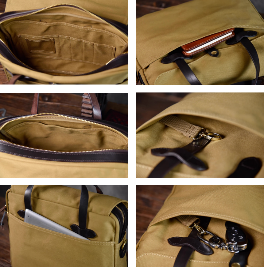 Interior pockets and compartments of khaki waxed canvas briefcase for laptop and accessories