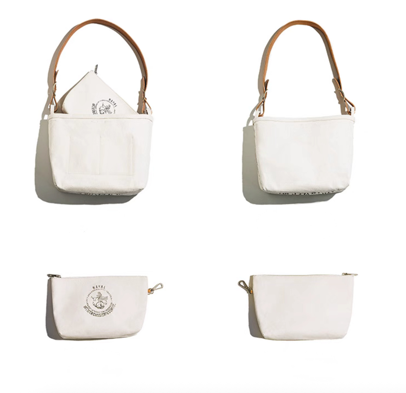 Front and back flatlay of canvas bag and matching inner pouch on white background