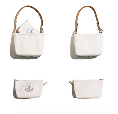 Front and back flatlay of canvas bag and matching inner pouch on white background