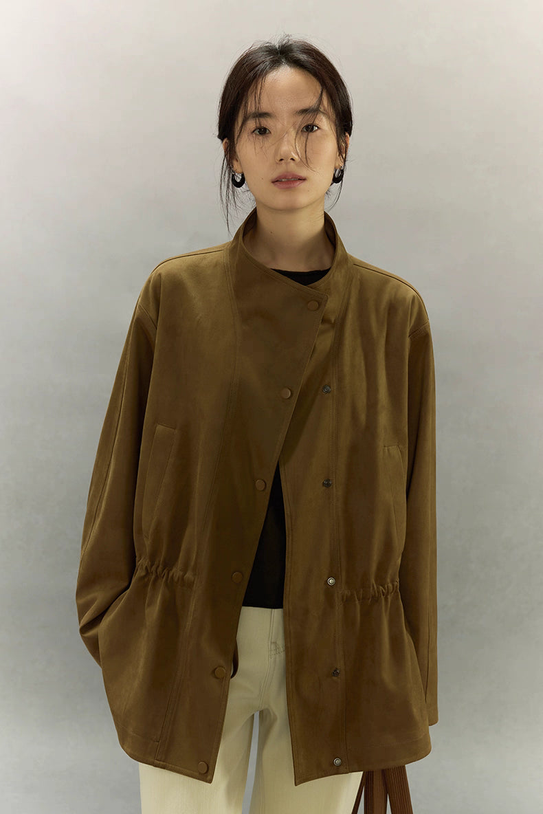 Front half-open view of caramel suede jacket with snap-button closure.