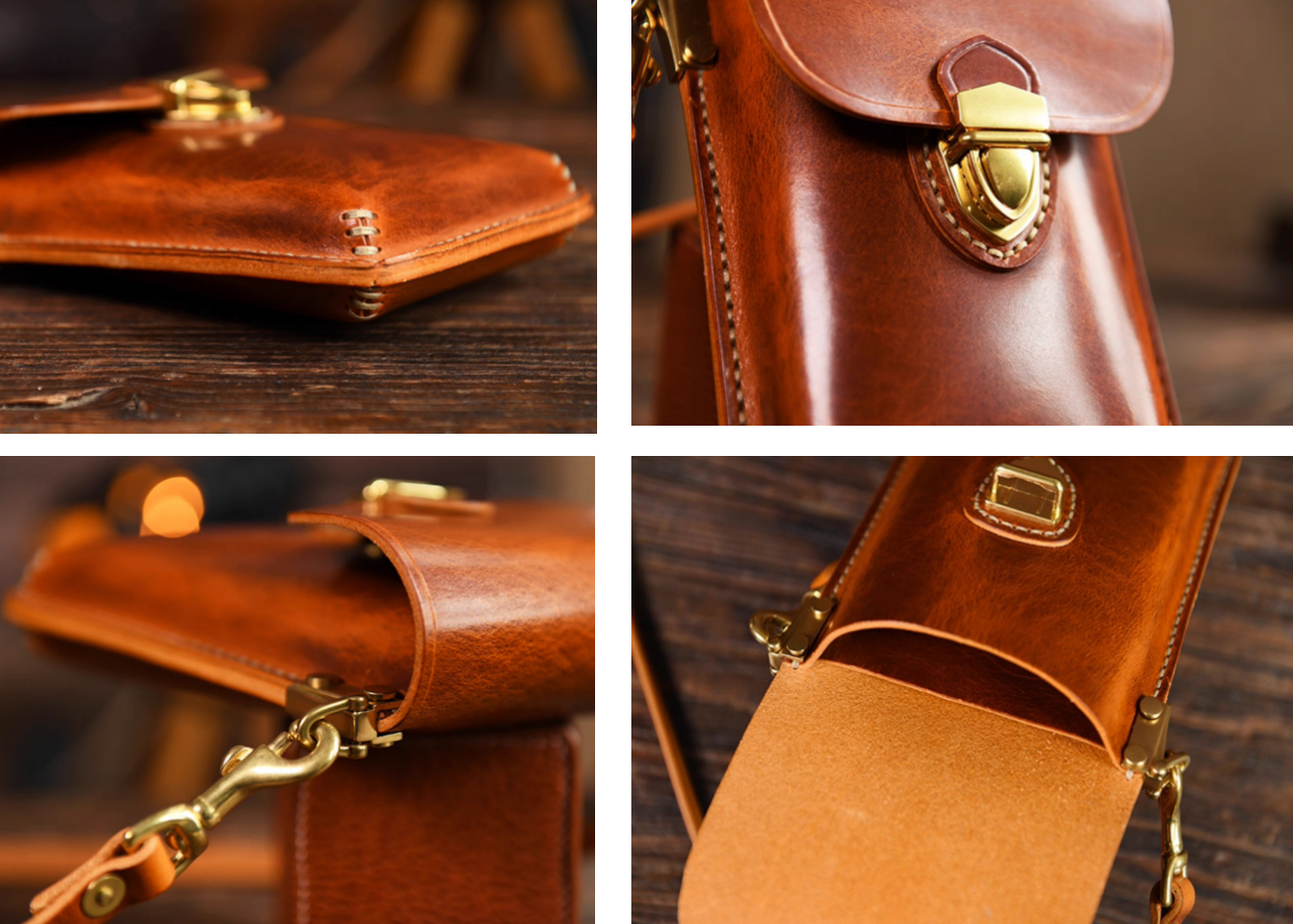 Detail shots of hand-stitched corners, brass clasp, and flap construction on leather pouch.