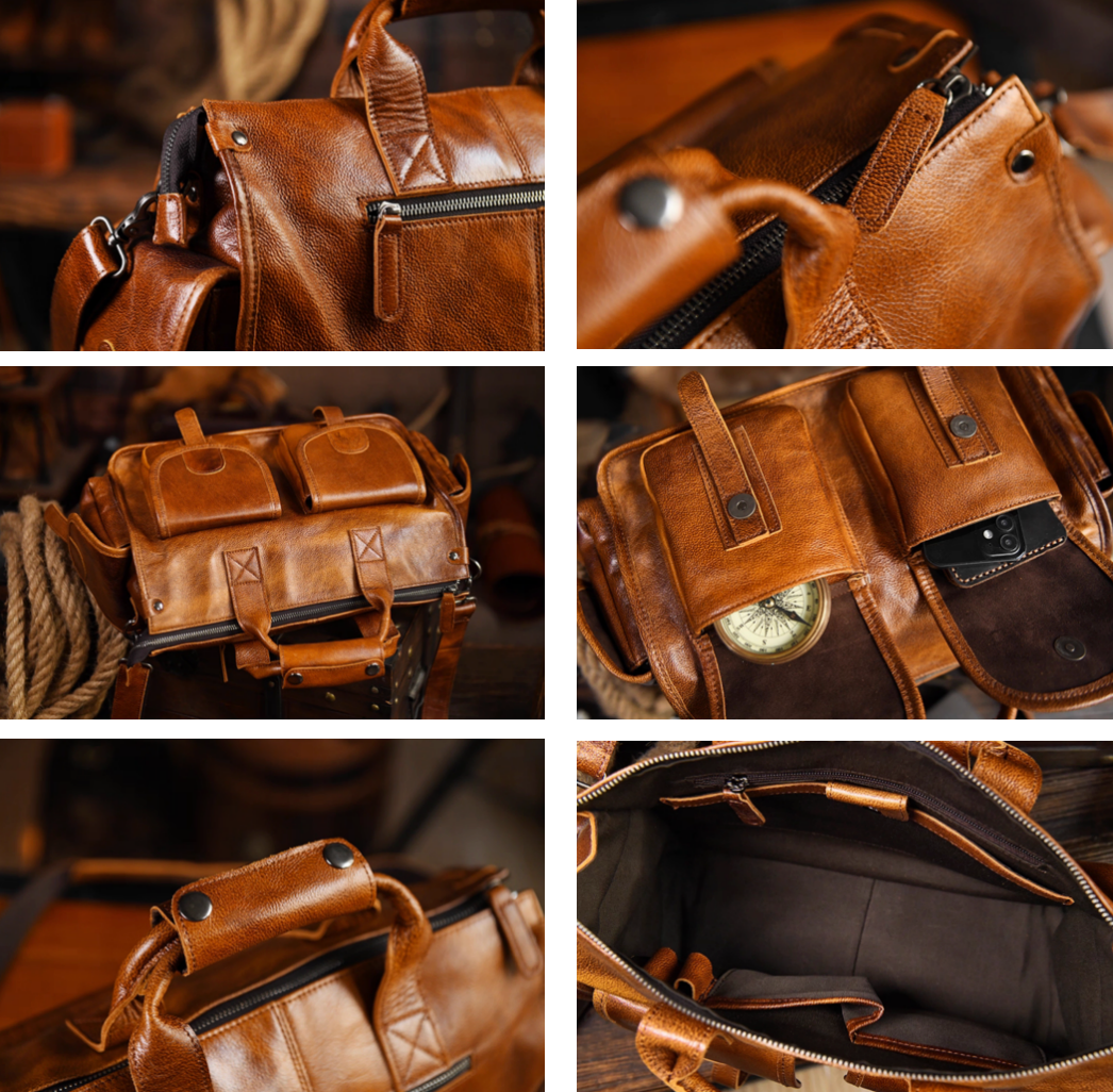 Close-up collage showing zippers, pockets, and compartments of camel brown leather duffle