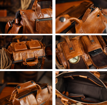 Close-up collage showing zippers, pockets, and compartments of camel brown leather duffle