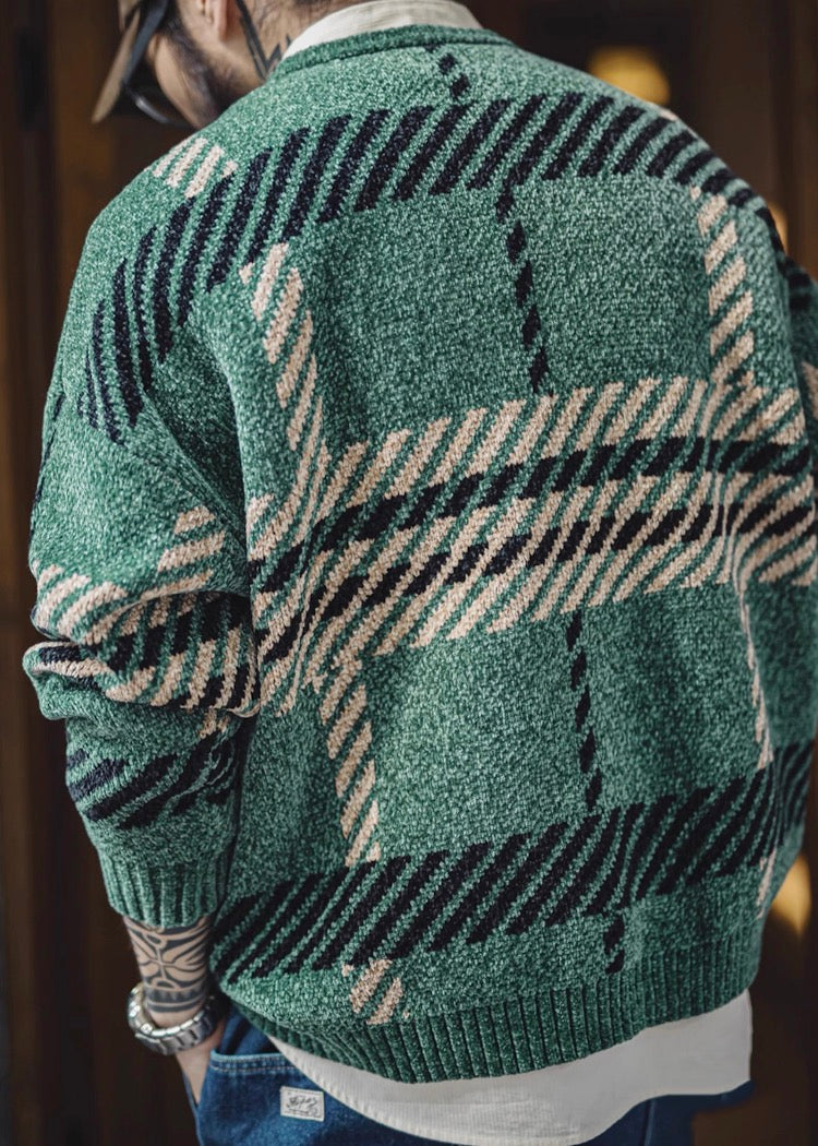 Back design of men’s green chenille plaid sweater with drop shoulder fit