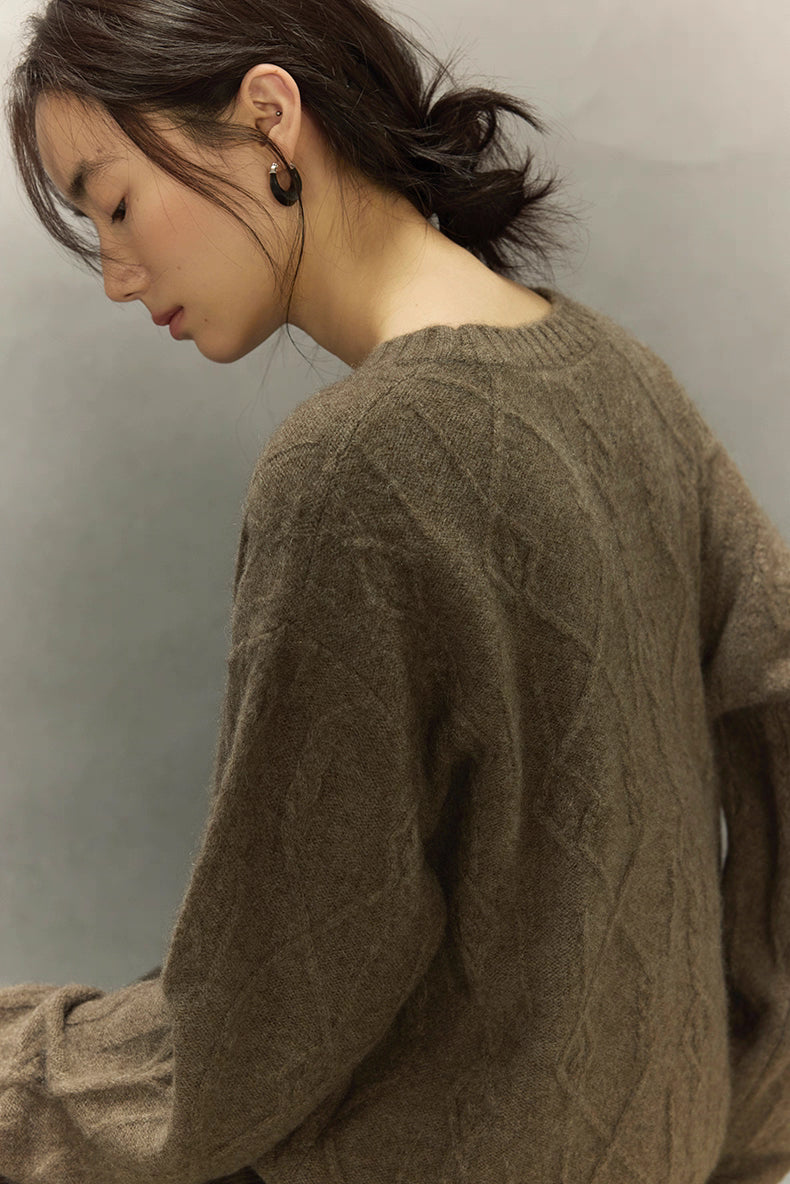 Close-up of yak wool cable knit showing detailed diamond stitching and soft surface.